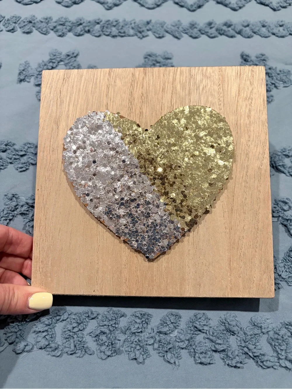 Gold Silver Glitter Heart Wood Wall Art Plaque 7x7 Glam Decor
